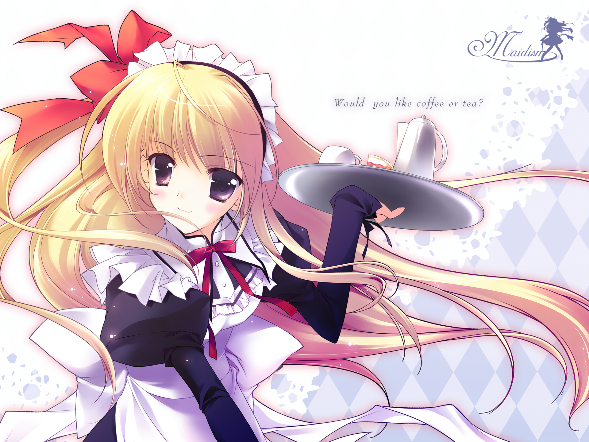 Download Teacup Bow (Clothing) Blonde Brown Eyes Blush Smile Cake Teapot Apron Maid Anime Girl Anime Girl HD Wallpaper by REI