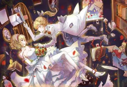 5K Ultra HD PC desktop wallpaper — Touhou anime: Shanghai Doll featuring Alice Margatroid and Marisa Kirisame in flowing white dresses, drifting amid books, playing cards and scattered rose petals.