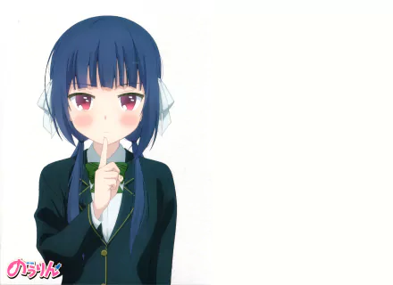 Ringo Kinoshita from No-Rin — anime schoolgirl with dark blue hair and ribboned headphones, finger to her lips on a clean white 5K Ultra HD PC desktop wallpaper and background.