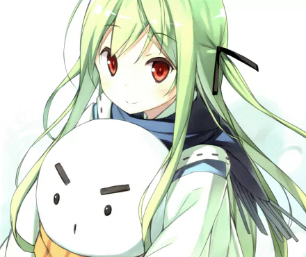 blush smile scarf red eyes green hair long hair Anime Original HD Desktop Wallpaper | Background Image