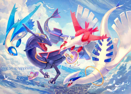 HD anime desktop wallpaper featuring Pokémon: Hoopa, Wingull, Rayquaza, Lugia, Latios, and Latias soaring through the sky, with the phrase ring bring happiness in the background.