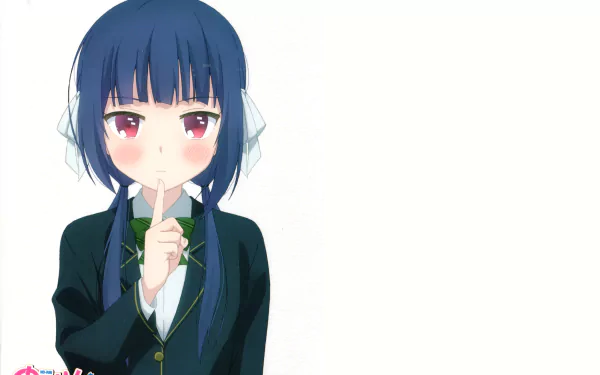 Ringo Kinoshita from No-Rin — anime schoolgirl with dark blue hair and ribboned headphones, finger to her lips on a clean white 5K Ultra HD PC desktop wallpaper and background.