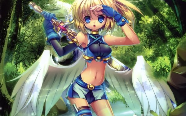 Anime Angel Wings Sword Blonde Ponytail Long Hair Glove Blue Eyes HD Wallpaper | Background Image