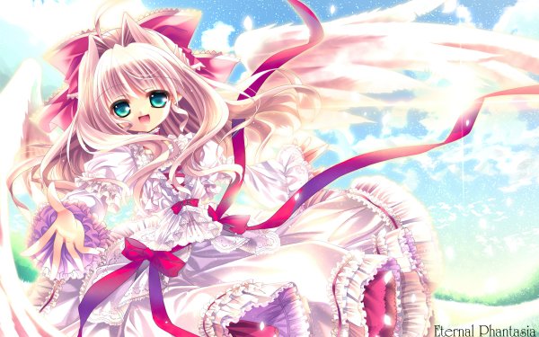 Anime Angel Long Hair Smile Blue Eyes bow Wings HD Wallpaper | Background Image