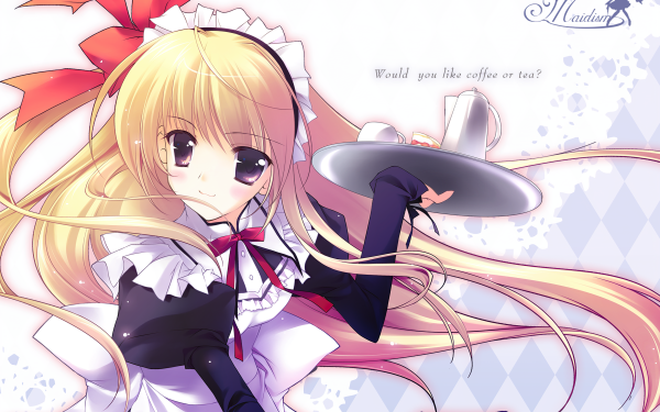 Anime Girl Maid Apron Teapot Cake Smile Blush Brown Eyes Blonde bow Teacup HD Wallpaper | Background Image