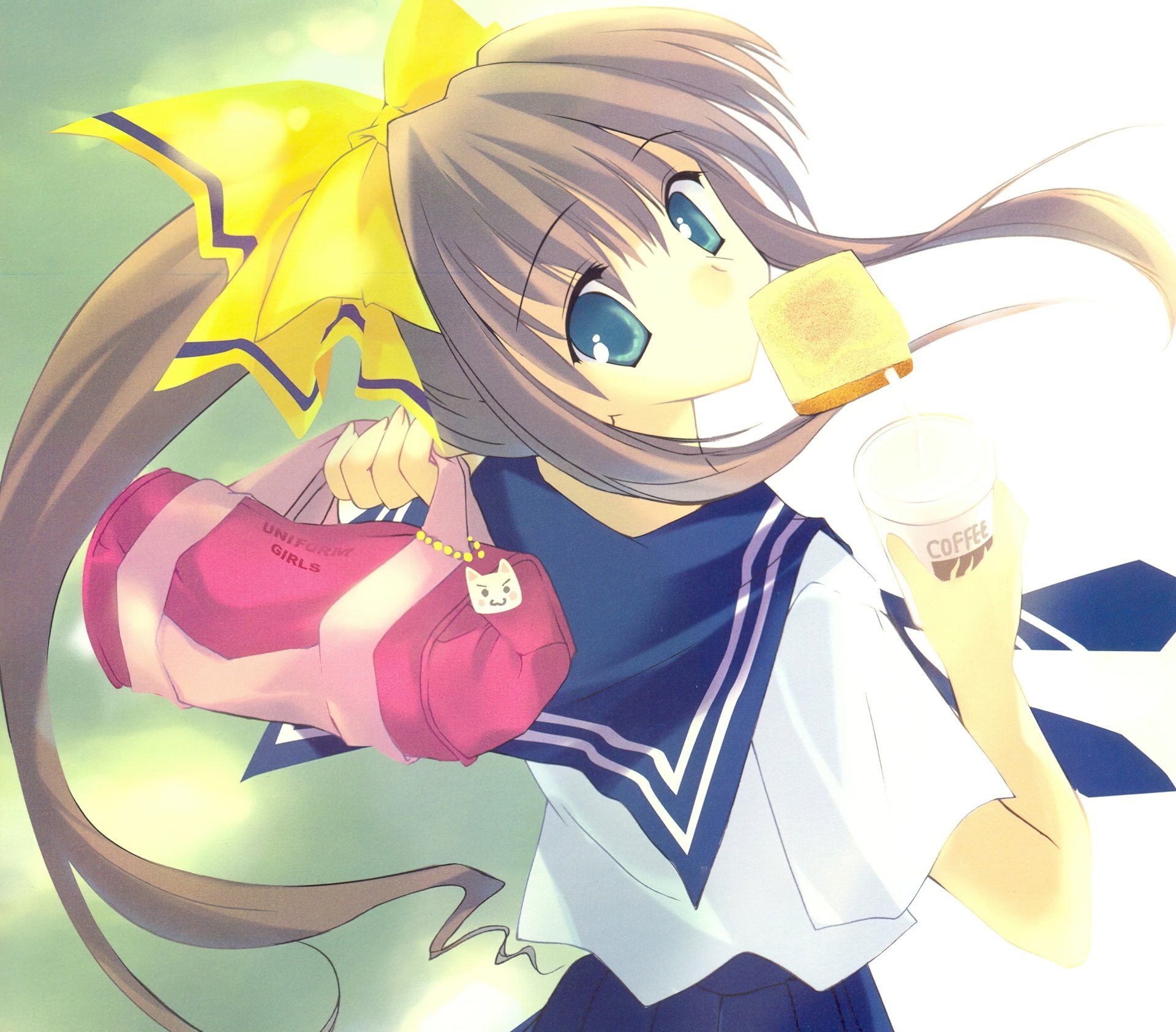 Download Ponytail Bag Green Eyes Brown Hair Long Hair Bow (Clothing) Anime Original HD Wallpaper by REI