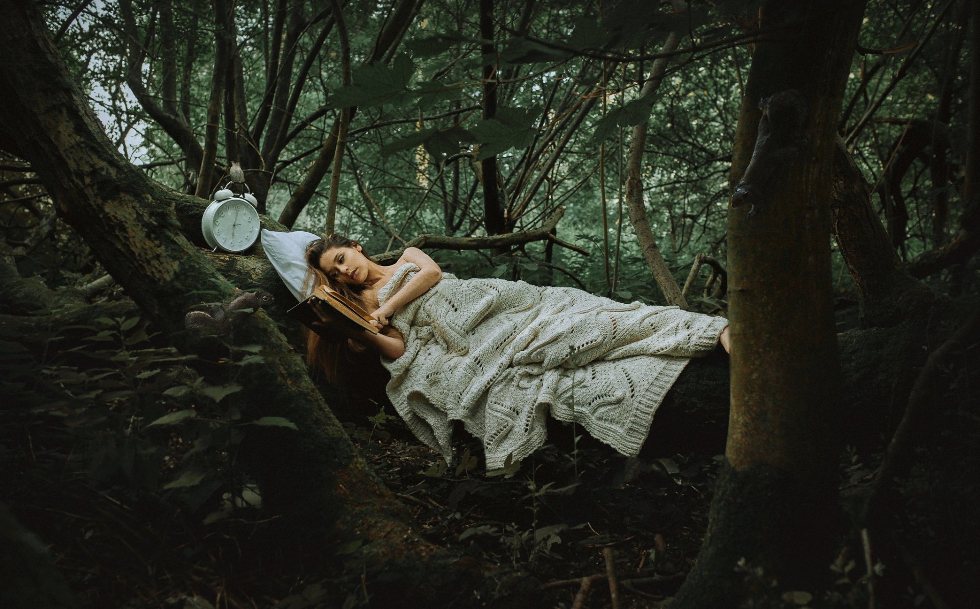 A serene HD wallpaper featuring a woman peacefully sleeping in a hammock amidst a lush forest, evoking a tranquil mood.