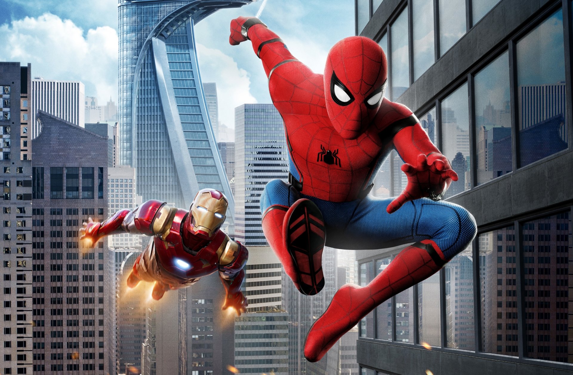 HD desktop wallpaper featuring Spider-Man and Iron Man against a cityscape background from the movie Spider-Man: Homecoming.