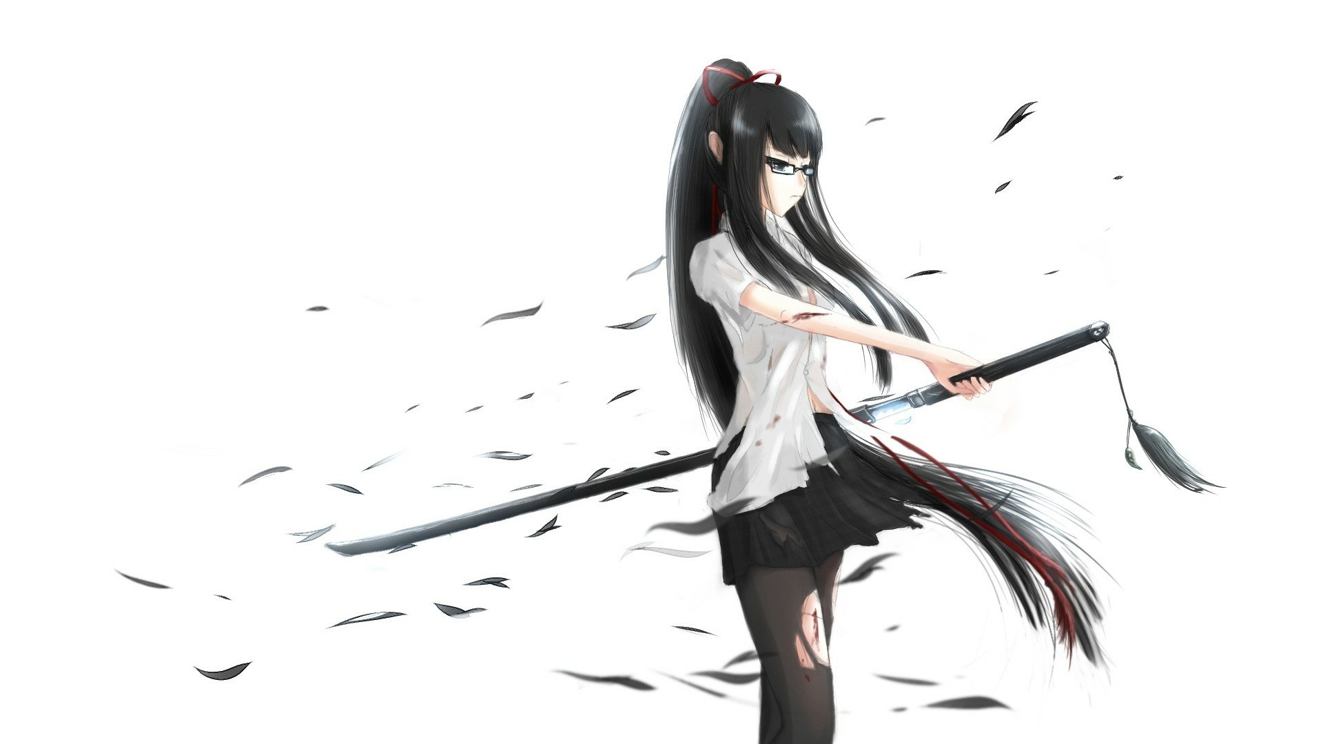 Anime-style original character wielding a katana, set against a white background with dynamic black feather-like elements, designed as an HD PC desktop wallpaper.