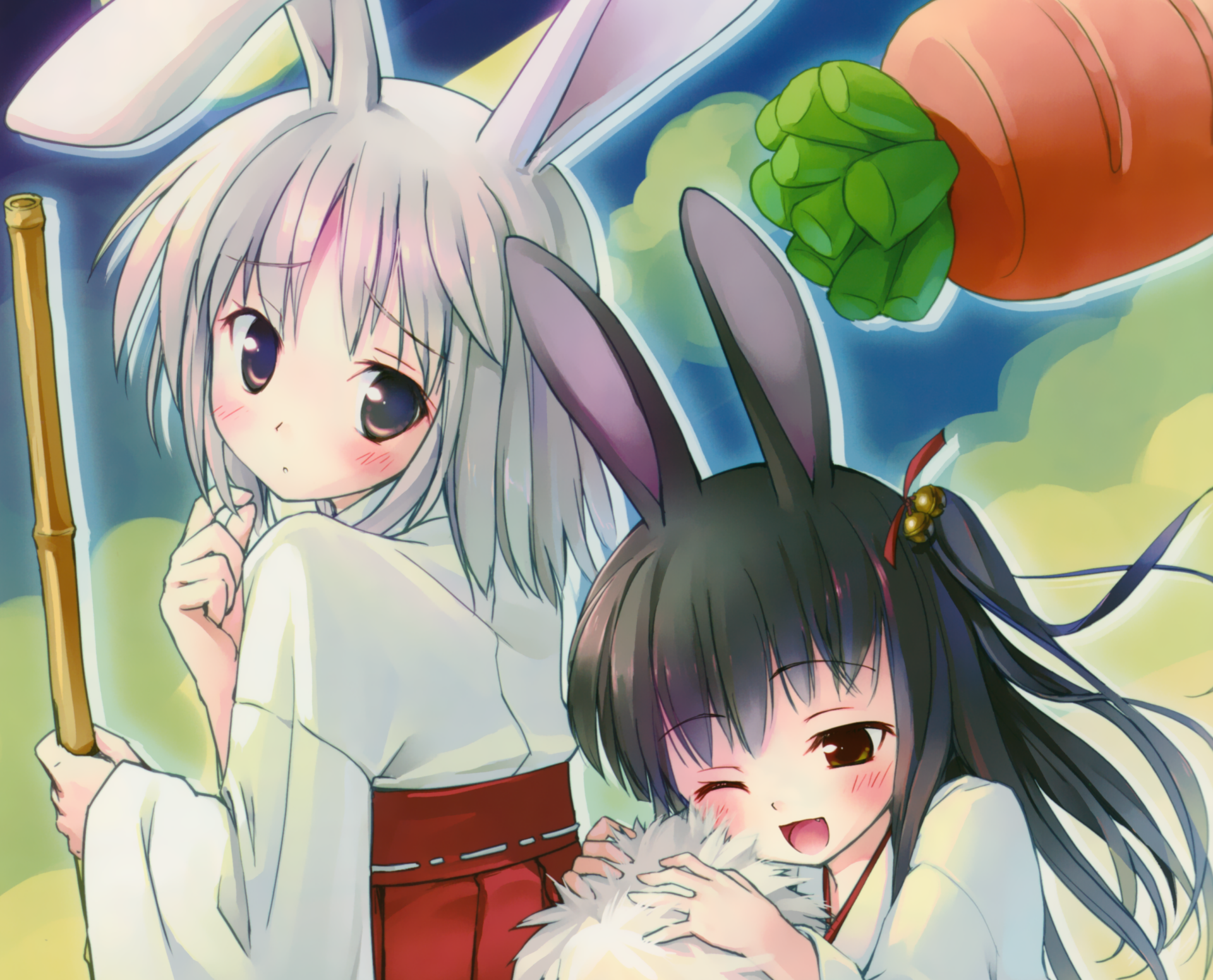 2K Quad HD anime wallpaper of two original miko bunny girls, blonde and black-haired with long hair and bunny ears, brown-eyed, blushing and smiling; one holds a broom, the other winks beneath a carrot.
