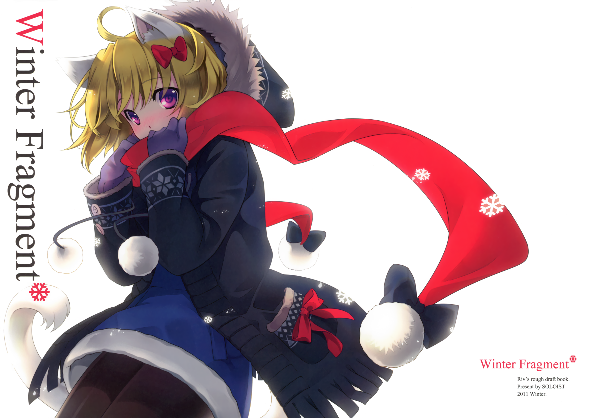 4K Ultra HD anime original PC wallpaper: short-blonde catgirl with purple eyes, tail and bow, wearing a coat, gloves and a flowing red scarf patterned with snowflakes.