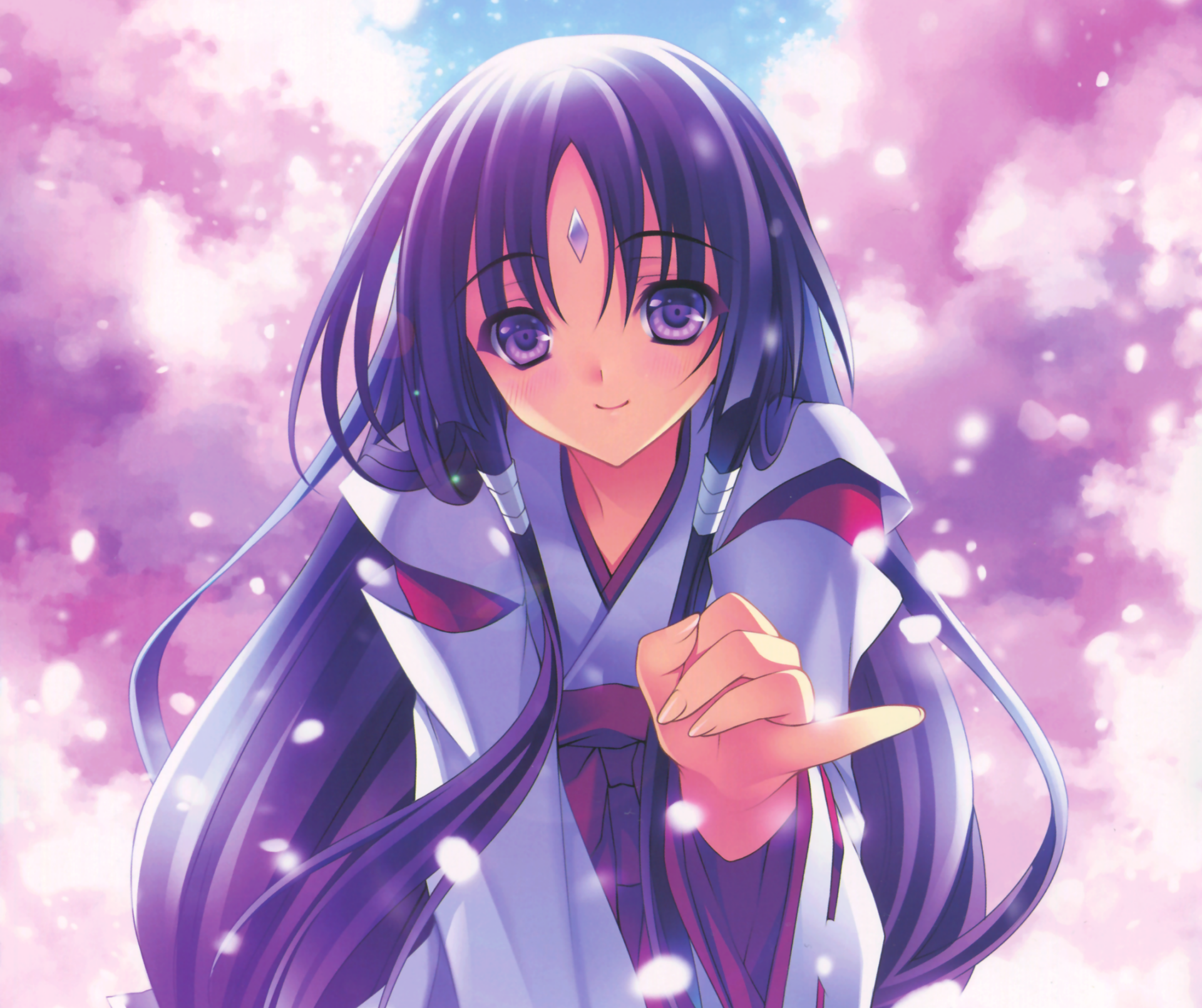 Download Miko Outfit Blush Purple Eyes Cherry Blossom Smile Purple Hair Long Hair Anime Original HD Wallpaper by Riv