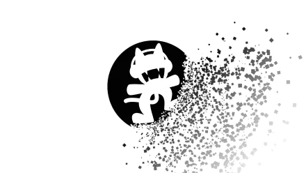HD Monstercat logo dispersing into particles on a white background, suitable as a desktop wallpaper.