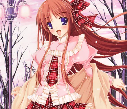 blue eyes bow (Clothing) snow smile brown hair long hair blush Anime girl anime girl HD Desktop Wallpaper | Background Image