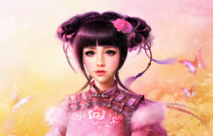 HD PC desktop wallpaper featuring an Asian fantasy woman adorned with flowers and butterflies, set against a soft pink and yellow background.