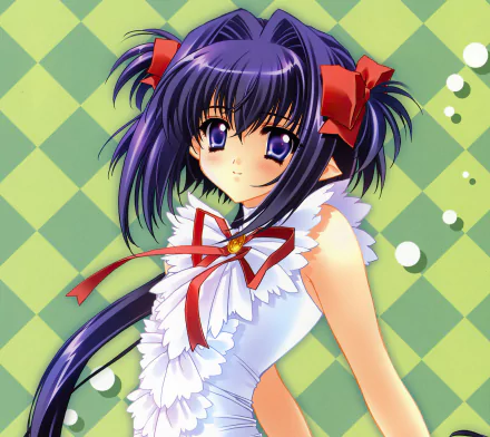 Anime original 2K Quad HD desktop wallpaper of a smiling, blushing long blue‑haired girl with blue eyes, wearing a white frilly outfit accented by a red bow.