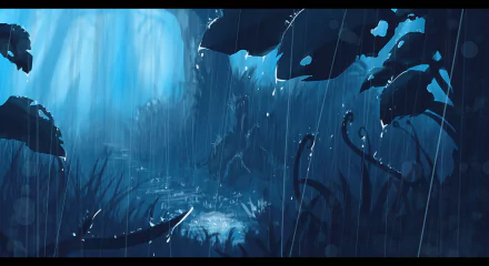 HD desktop wallpaper featuring an original anime scene with a serene, rain-soaked forest. Blue hues dominate the immersive landscape, highlighting droplets on leaves and creating a tranquil atmosphere.