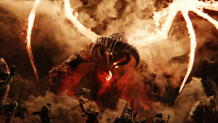 HD desktop wallpaper of Middle-earth: Shadow of War, featuring a fiery Balrog surrounded by flames and a chaotic battle scene. The image is tagged with video game, Middle-earth: Shadow of War.