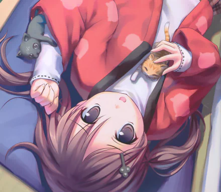 Upside-down original anime girl with long brown hair, brown eyes and a blush, smiling while petting an orange kitten with a gray cat on her shoulder — 4K Ultra HD PC wallpaper.