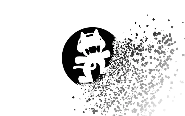 HD Monstercat logo dispersing into particles on a white background, suitable as a desktop wallpaper.
