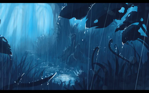 HD desktop wallpaper featuring an original anime scene with a serene, rain-soaked forest. Blue hues dominate the immersive landscape, highlighting droplets on leaves and creating a tranquil atmosphere.