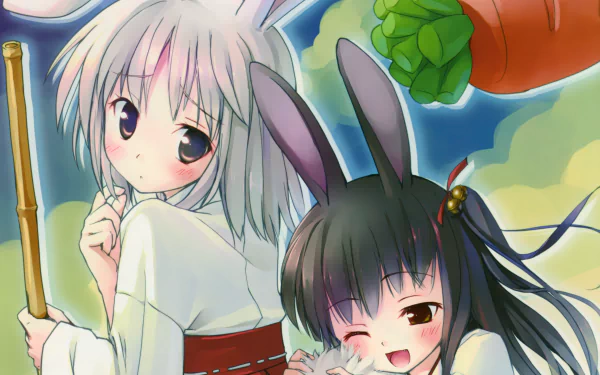 2K Quad HD anime wallpaper of two original miko bunny girls, blonde and black-haired with long hair and bunny ears, brown-eyed, blushing and smiling; one holds a broom, the other winks beneath a carrot.