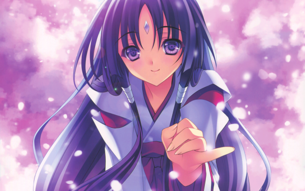 Anime Original Long Hair Purple Hair Smile Cherry Blossom Purple Eyes Blush Miko Outfit HD Wallpaper | Background Image