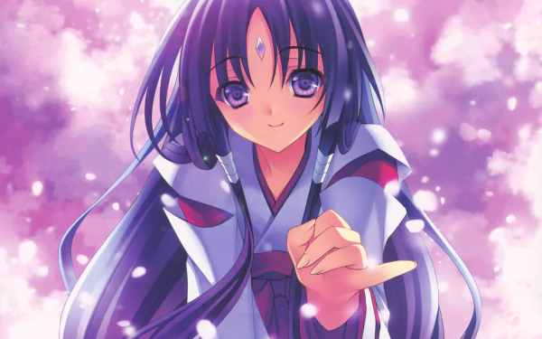 Original anime miko in a white-and-red outfit with long purple hair and purple eyes, smiling and blushing while reaching out amid falling cherry blossoms — HD PC desktop wallpaper.
