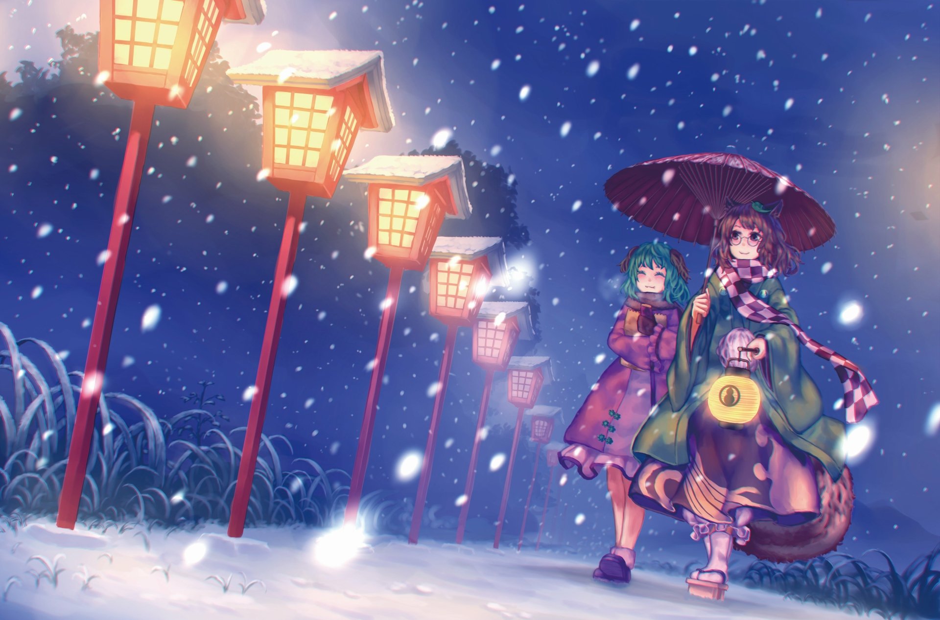 4K Ultra HD PC wallpaper of Touhou characters Kyouko Kasodani and Mamizou Futatsuiwa walking a snowy, lantern-lit path at night, one holding an umbrella as snow falls gently.
