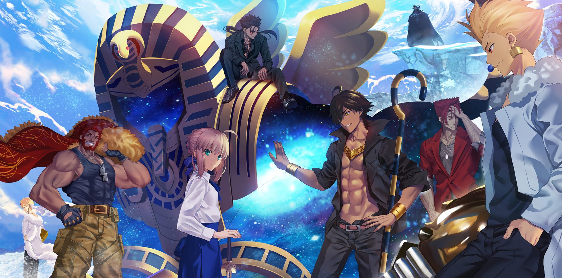 An HD desktop wallpaper featuring anime characters from Fate/Grand Order, including King Hassan and Saber. The background displays a vibrant, celestial theme with a large Egyptian statue and various characters in dynamic poses.