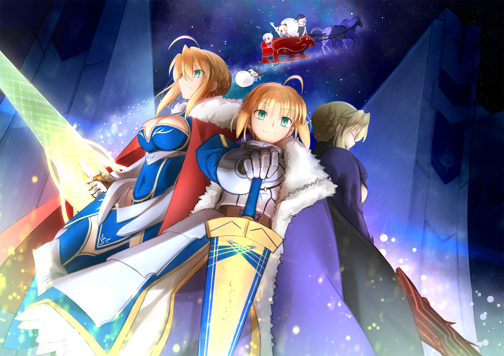 HD PC desktop wallpaper featuring Mysterious Heroine X, Saber Lily, Artoria Pendragon, Artoria Pendragon (Lancer), and Saber Alter from Fate/Grand Order anime.
