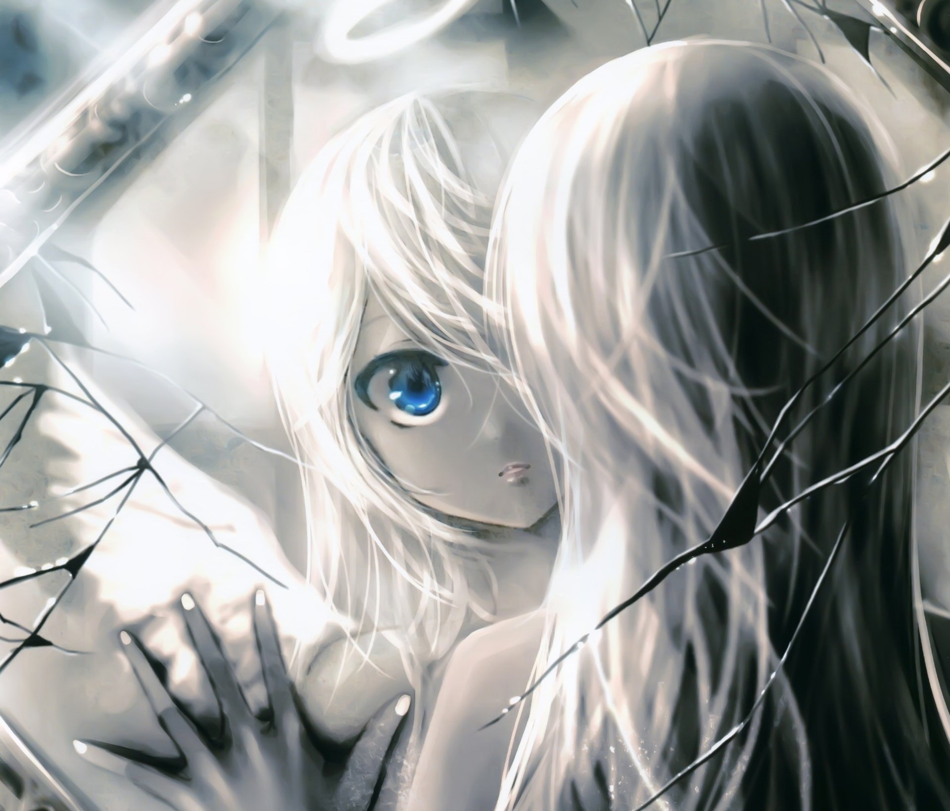 Anime-style original character with striking blue eyes and long grey hair, reflected in a cracked mirror, rendered in 4K Ultra HD for PC desktop wallpaper.