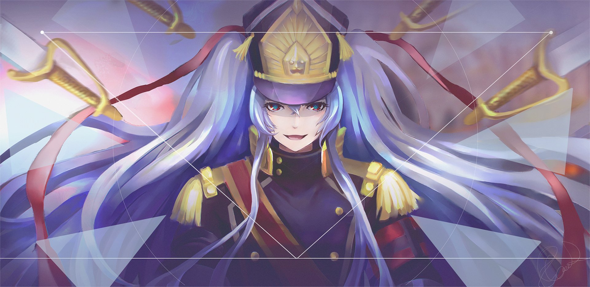 HD desktop wallpaper featuring Altair from the anime Re:Creators, dressed in military attire with flowing white hair and a determined expression. The image is tagged with Gunpuku no Himegimi and Anime.