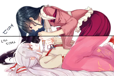 HD anime desktop wallpaper featuring Kaguya Houraisan and Fujiwara no Mokou from Touhou in an intense, close interaction with dynamic poses and detailed costumes.