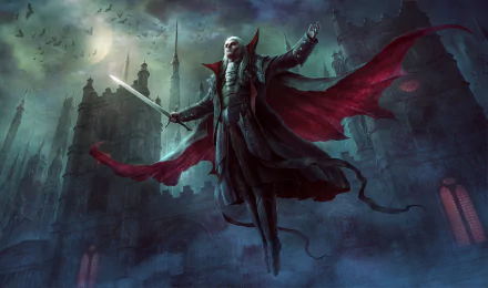 HD wallpaper depicting a white-haired vampire holding a glowing sword, floating with a dark, gothic background and red cape. The fantasy artwork captures an eerie and suspenseful atmosphere.