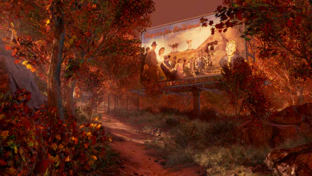 HD Fallout 4 PC desktop wallpaper depicting a scenic autumn forest path with a vintage Vault-Tec billboard in warm, vibrant fall colors.