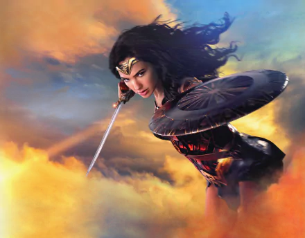 HD desktop wallpaper featuring Gal Gadot as Wonder Woman, wielding a sword and shield with a vibrant sky background.