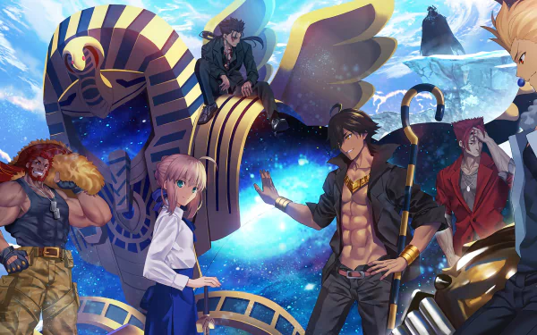 An HD desktop wallpaper featuring anime characters from Fate/Grand Order, including King Hassan and Saber. The background displays a vibrant, celestial theme with a large Egyptian statue and various characters in dynamic poses.
