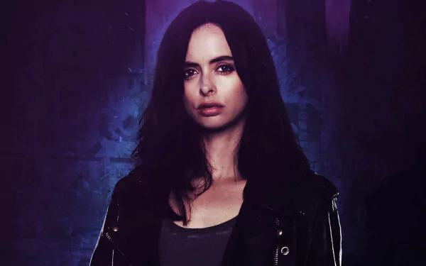 HD PC desktop wallpaper of TV show character Jessica Jones: moody portrait in a dark jacket, serious expression against a purple-lit background.