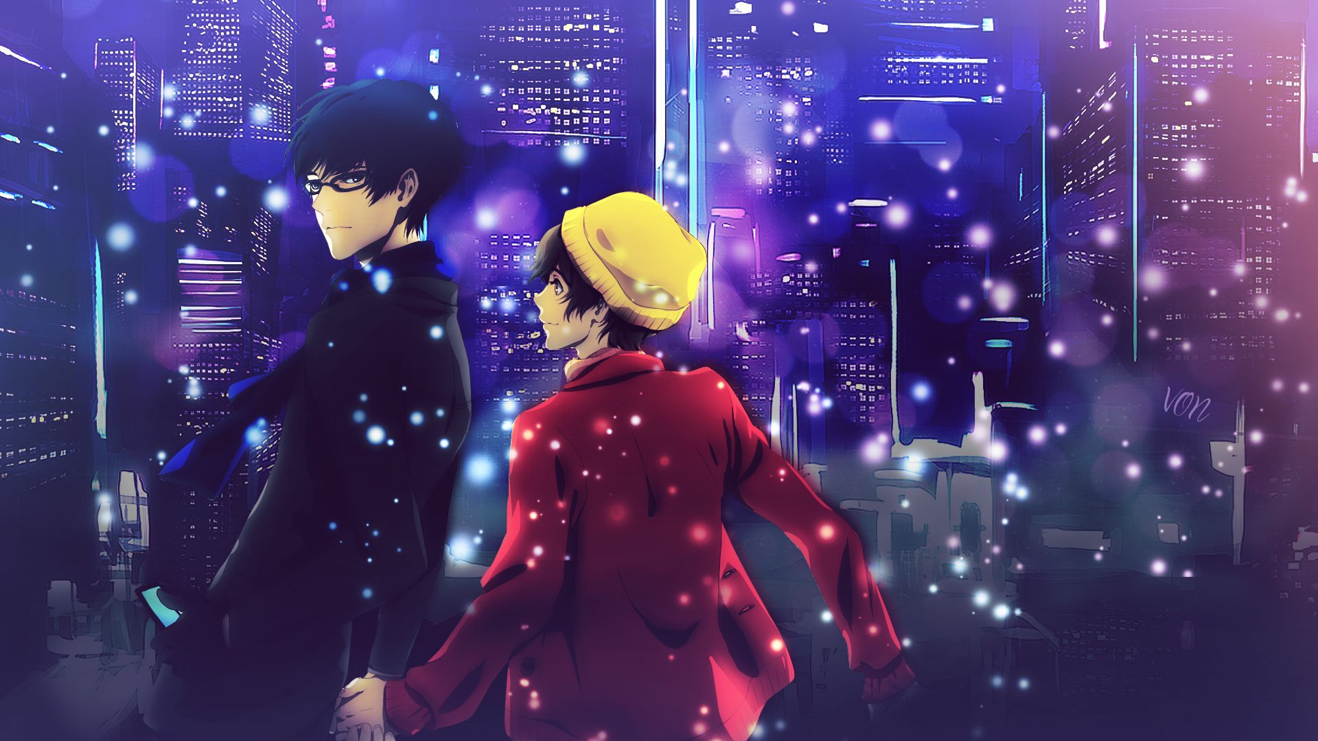 Anime HD PC wallpaper — Zankyou No Terror: two characters by a neon city skyline at night, one in a black coat and glasses, the other in a red coat and yellow beanie, snow falling.