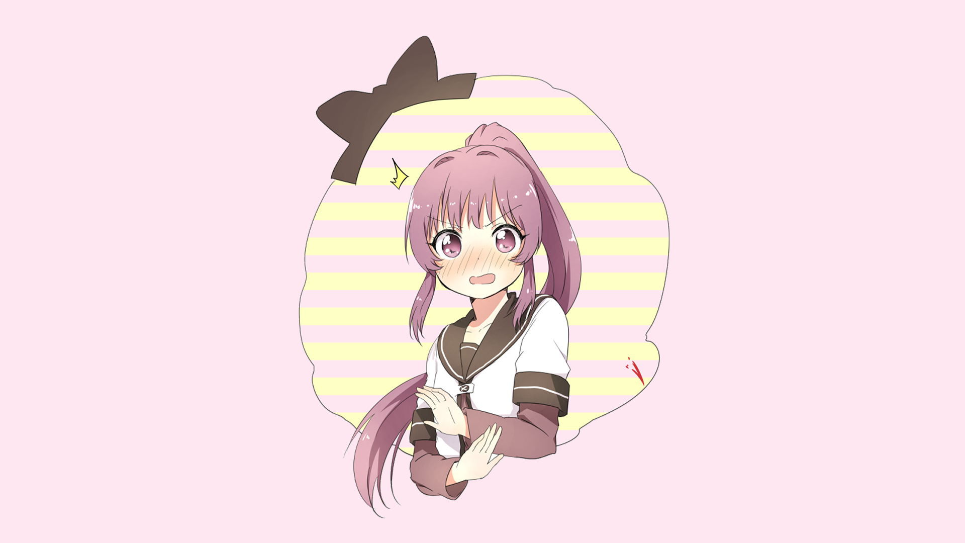 HD PC desktop wallpaper/background: YuruYuri anime character with long pink hair and a cheerful smile, holding a book before a pastel pink background with yellow striped circular accent.