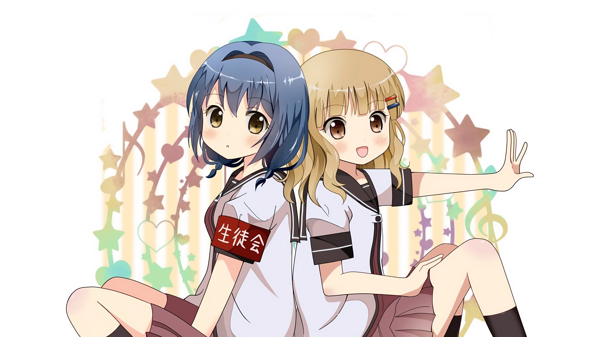 Anime YuruYuri HD PC desktop wallpaper and background: two schoolgirls back-to-back, blue-haired and blonde in casual uniforms, smiling against a pastel starry backdrop.