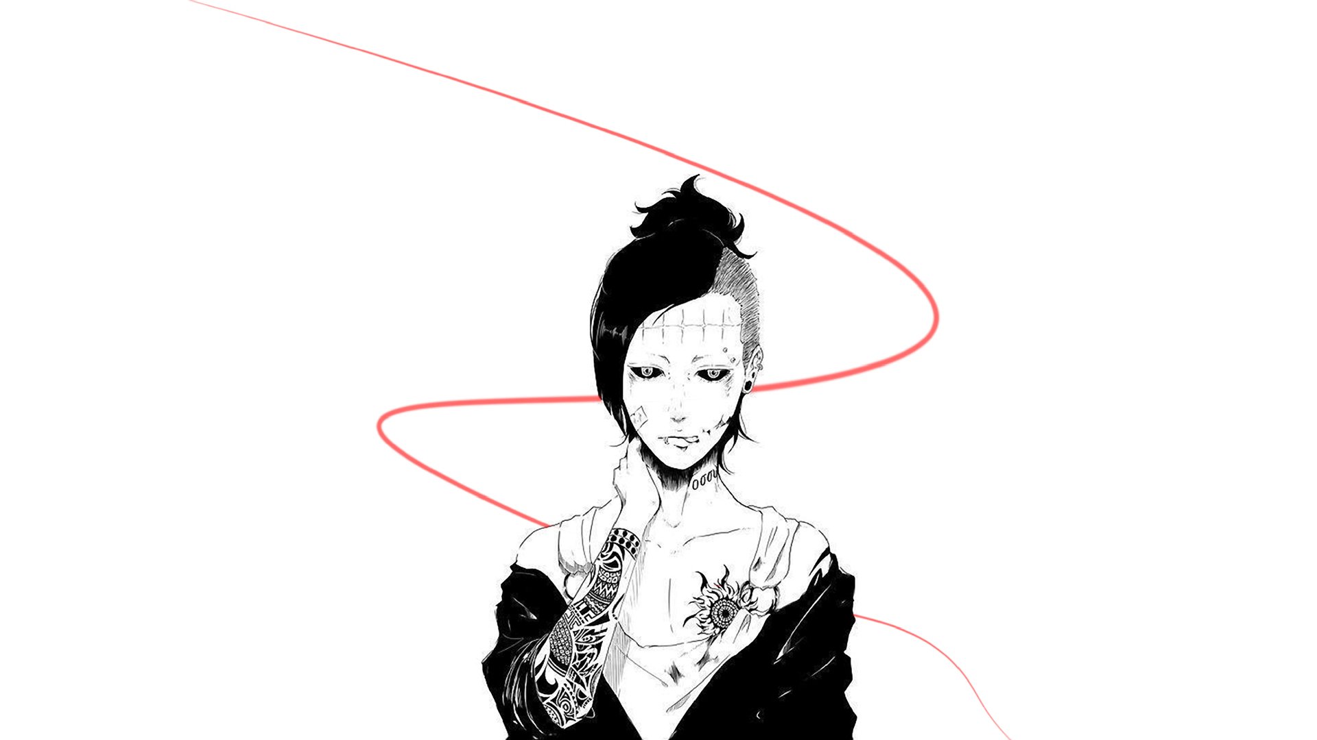 HD anime wallpaper featuring Uta from Tokyo Ghoul with a black and white design and a thin red line weaving around the character on a white background.