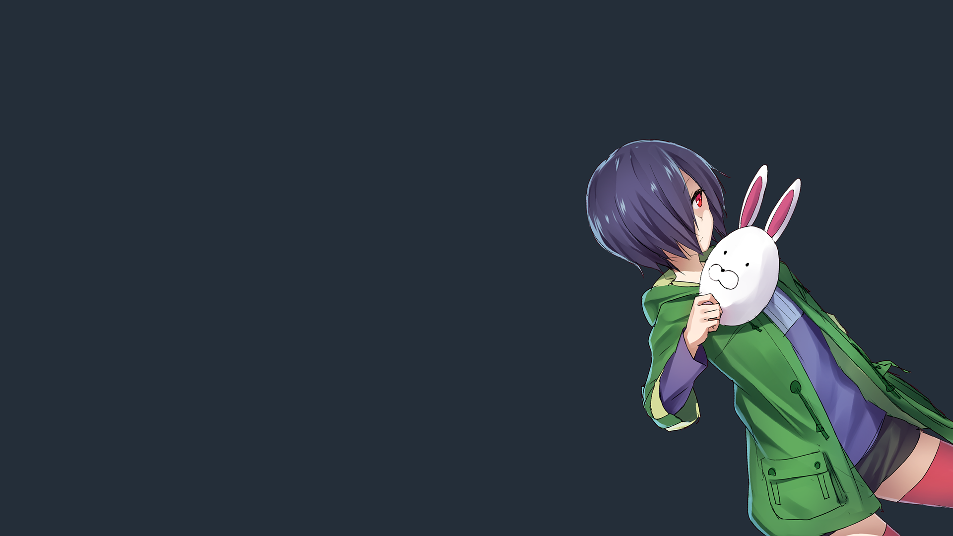 HD desktop wallpaper featuring Touka Kirishima from the anime Tokyo Ghoul, holding a white bunny mask, against a dark background.