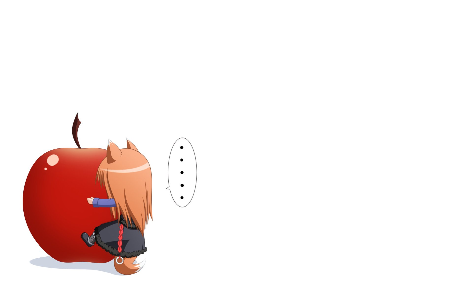 Chibi-style Holo from Spice & Wolf leans against a large red apple, with an anime-inspired design for an HD PC desktop wallpaper background.