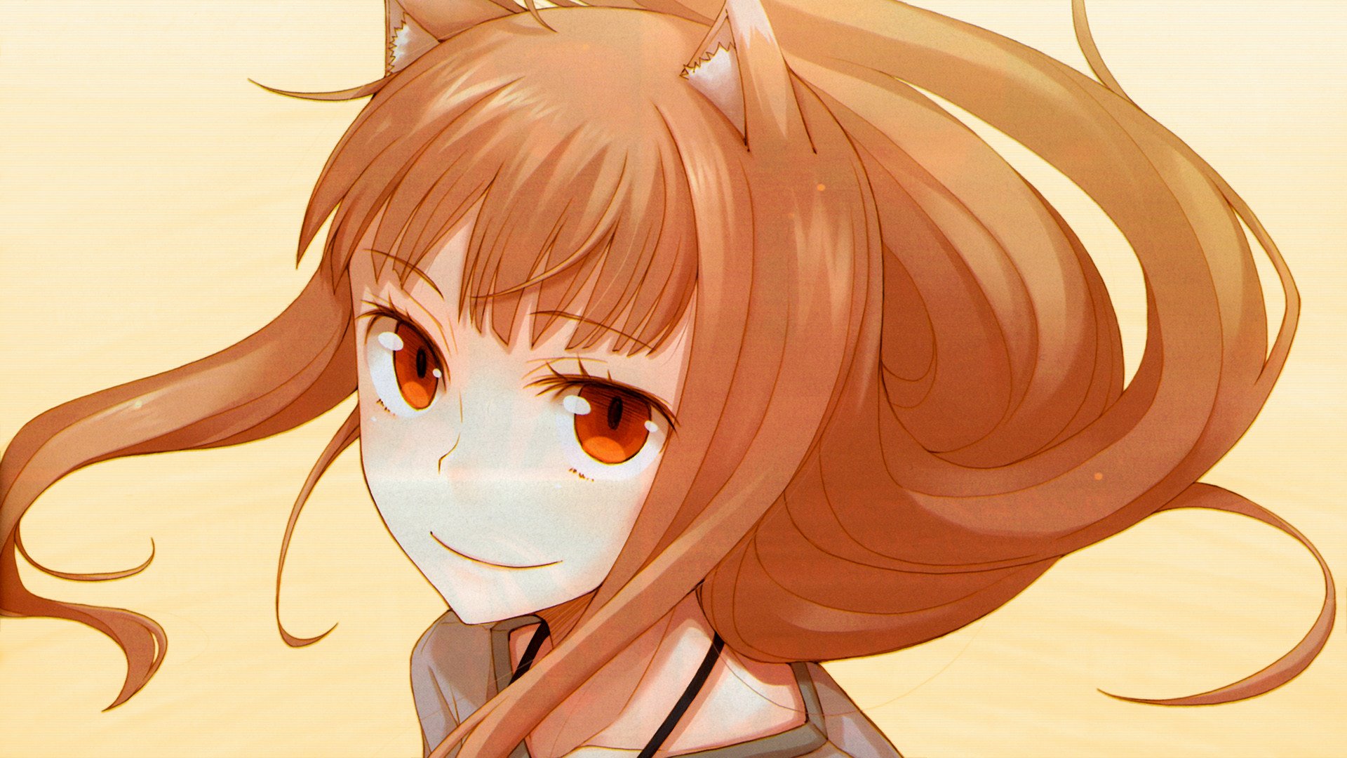 HD anime desktop wallpaper featuring Holo from Spice & Wolf with flowing auburn hair and striking amber eyes against a soft background.