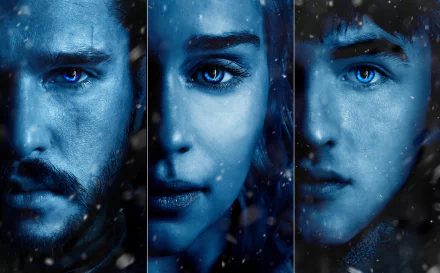 4K Ultra HD Game of Thrones PC wallpaper featuring close-up portraits of Jon Snow, Daenerys Targaryen, and Bran Stark with a cold, snowy atmosphere.