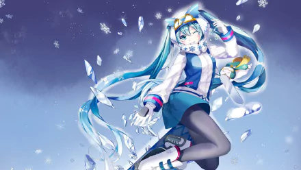 Yuki Miku (Hatsune Miku) Vocaloid anime HD desktop wallpaper — snow-themed Miku with icy twin-tails, winter outfit and floating ice shards on a frosty blue background.