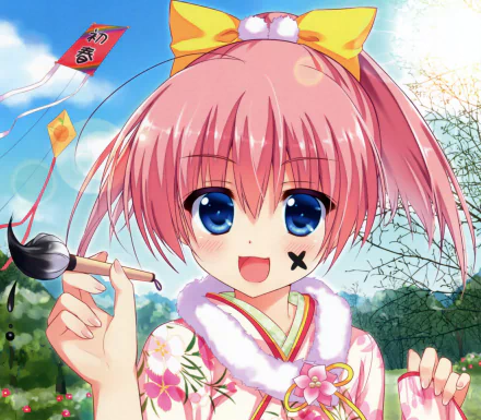 Anime-style HD desktop wallpaper by Kunihiro Hinata featuring a smiling pink-haired girl with blue eyes in a kimono, holding an ink brush, with flowers and a bow in her hair.