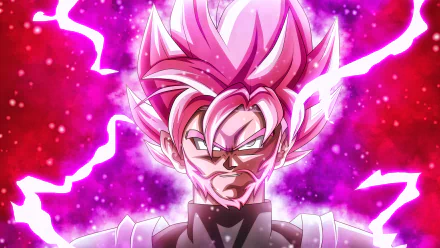 HD desktop wallpaper featuring Black Goku in his Super Saiyan Rosé form from Dragon Ball Super, surrounded by pink and purple energy with a fierce look.